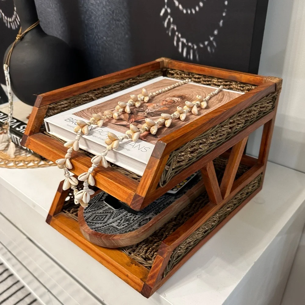 Vintage Tiered Wooden & Rattan Paper Tray or Book Display Holder